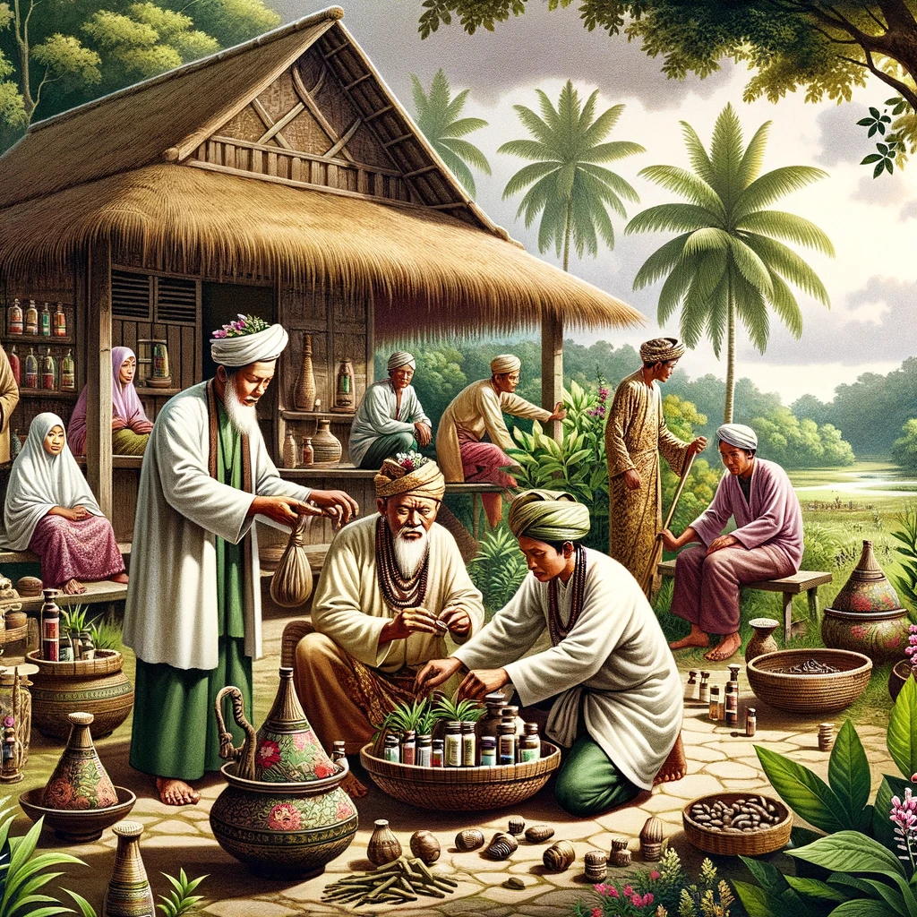 DALL·E 2023-10-17 17.56.13 - Illustration of a historical scene in Malaysia, depicting traditional healers or village elders using Tongkat Ali in ancient remedies, perfect for a s